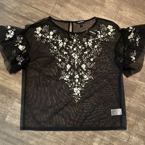Express Sheer Black Top with White Floral Embroidery NWT